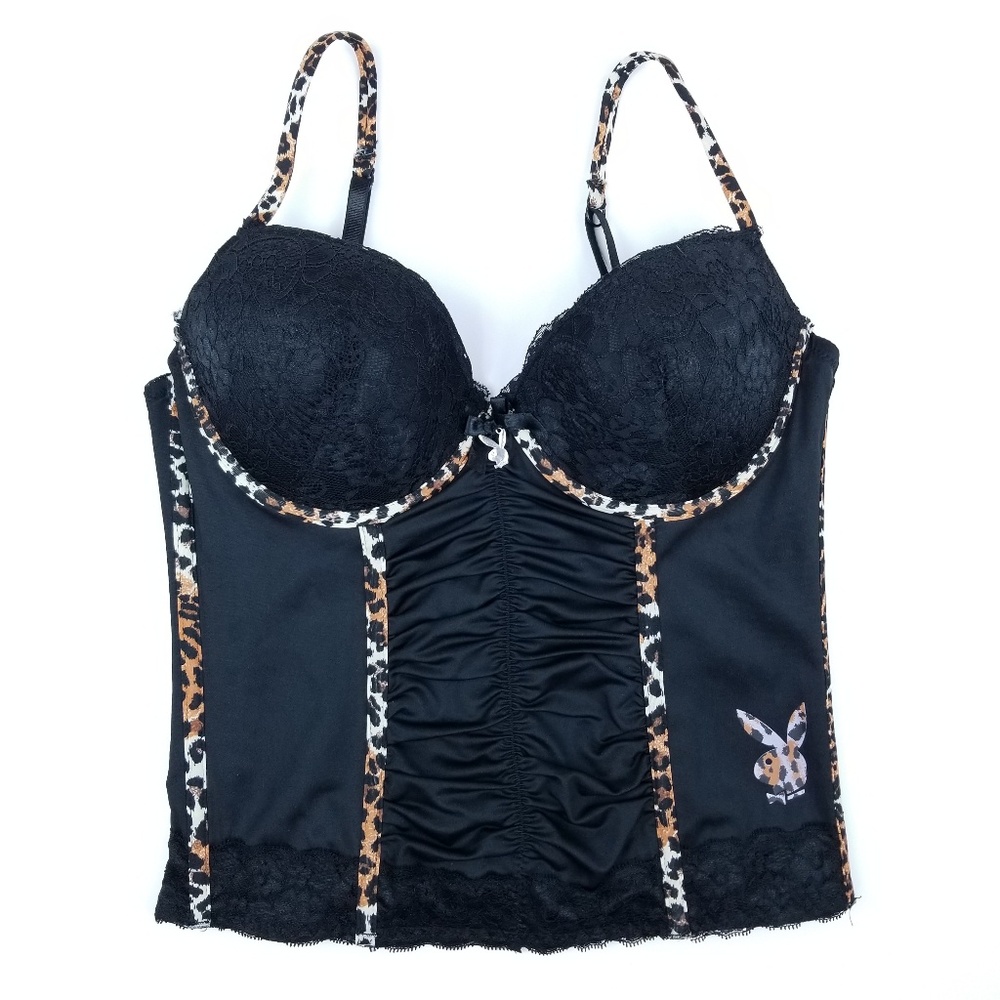 Playboy Intimates Black Leapord Teddy L Lace Satin